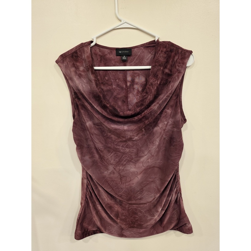 AB Studio Womens M Burgundy Cowl Neck Sheer Mesh Embroidered Top Y2K Whimsigoth